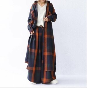 新入荷　チェック柄セットアップ レディース シャツワンピース ロングシャツ ワイドパンツ ２点セット春 長袖 体型カバー オシャレ通勤