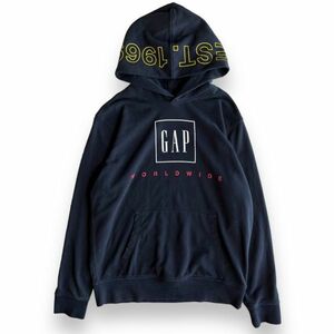 GAP ギャップ 裏パイル コットン スウェット プルオーバー パーカー プリント ロゴ フーディー フード トップス 古着 M ネイビー 紺