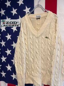 ★IZOD LACOSTE★70s★糸巻きタグ★香港製★アクリル★ケーブルニット★Vネック★アイボリー★Lサイズ★アイゾッドラコステ★ヴィンテージ