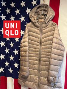 ★UNIQLO★ユニクロ★ウルトラライトダウンロングコート★耐久撥水加工★フード★ナイロンダウンコート★ベージュ系★Mサイズ★217-069160