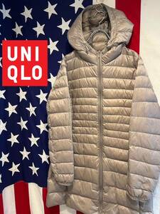 ★UNIQLO★ユニクロ★ウルトラライトダウンコート★フード★フーディー★ダブルジップ★ナイロン★ロング★シンプル★ベージュ★Lサイズ★