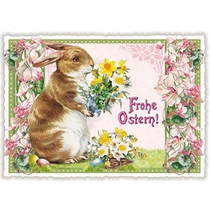 ハッピーイースター 花束 と うさぎ ドイツ 製 ポストカード ラメ グリーティングカード 絵はがき アンティーク調 パタミン ウサギ