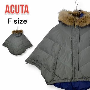 Acutaa Koo ta reversible down poncho jacket size F khaki / navy feather 20% down 80% raccoon fur 