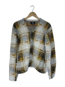 STUSSY◆HAIRY PLAID CARDIGAN/カーディガン(厚手)/L/ナイロン/WHT/チェック/117169