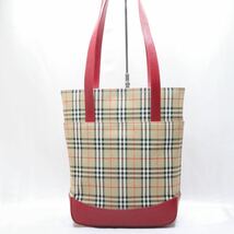 1円~【未使用級】BURBERRY Burberrysバーバリー ノバチェック トートバッグ ハンドバッグ ロゴ チャーム キャンバス レザー レッド_画像5