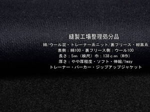 綿/ウール混 トレーナー系ニット 裏フリース やや厚 紺黒系 5m