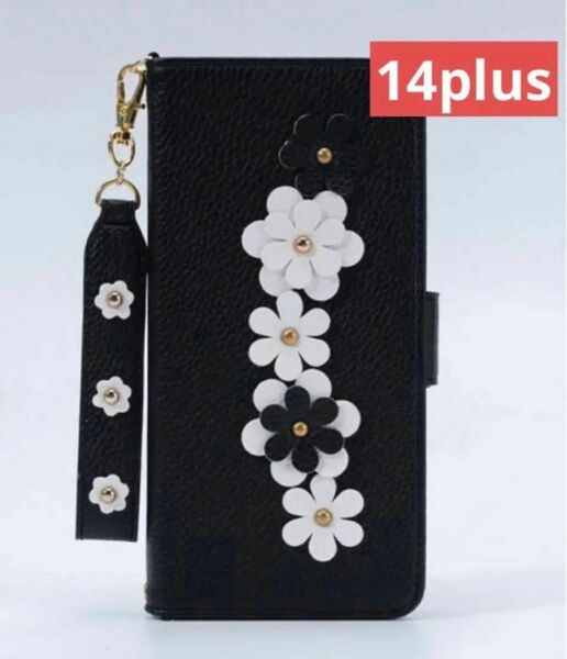 iPhone14plus 14プラス　手帳型ケース ディジー カード収納 ブラック　可愛い　立体的な花　オシャレ