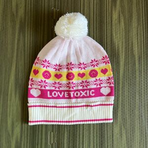 1-6新品　ラブトキシック　LOVETOXIC　ボンボン付きニット帽　ニットキャップ白ピンクハートにこちゃん柄　150　160　Ｆ　子供キッズ帽子
