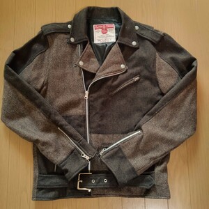 【極美品】ハリスツイード HARRIS TWEED 再構築 クレイジーパターン ダブルライダースジャケット ウール ブラウン【38】Mサイズ