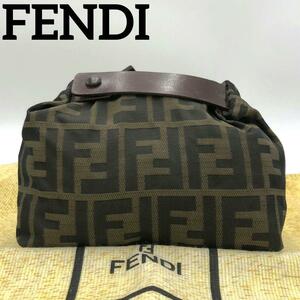 【極美品】フェンディ FENDI ズッカ バニティバッグ ハンドバッグ ポーチ レザー ブラック カーキ かばん 鞄 レザー 自立 レディース