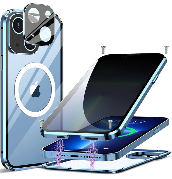 y121118fm HAUTRKBG iPhone 13 用 ケース 360°全面保護 一体型レンズ保護 MagSafe 対応 プライバシ一保護 磁気 吸着シエラブルー