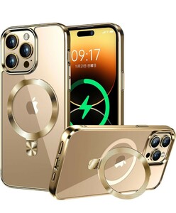 y121109fm iPhone 15 Pro max 用 クリアケース MagSafe対応 隠しスタンド ストラップホール付き ゴールド