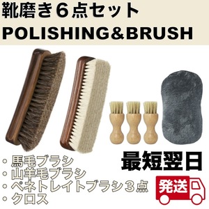 靴磨きセット 6点 馬毛ブラシ 山羊毛ブラシ ペネトレイトブラシ クロス　汚れ落とし 革靴 ブーツ バッグ 財布 皮革 ヤギ毛