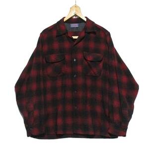 50s 60s Vintage MADE IN USA　Pendleton ペンドルトン シャドーチェック オープンカラー ボックス ウールシャツ　レッドxブラック M USA製