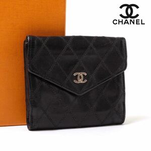 【美品】一スタ CHANEL シャネル 二つ折り財布 コンパクトウォレット ビコローレレザー 革 ブラック 黒 ココマーク CC ゴールド金具 