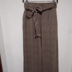 501.ウエストリボン付き チェック柄 ワイドパンツ M ブラウン