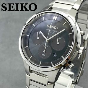 【新品】セイコー クロノグラフ SEIKO SSC439 ソーラー 43mm デイト メンズ腕時計 男性用 ブラック シルバー