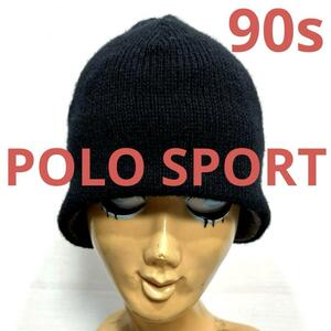 希少 90s 黒 ブラック polo sport ポロスポーツ ニット キャップ ラルフローレン ビンテージ アメリカ 古着 中古 ニット帽 ビーニー 帽子