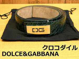 ☆DOLCE＆GABBANAドルチェ＆ガッバーナの本クロコダイル革ベルト☆グリーン95－38イタリア製　ドルガバ レザー本革 緑クロコ ワニ革