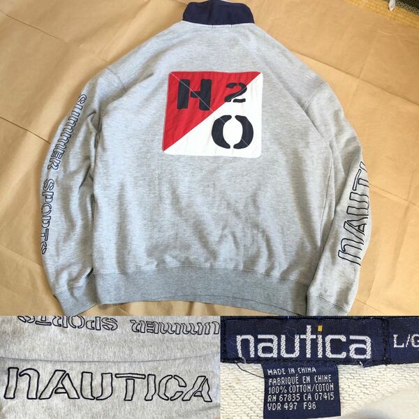 90s NAUTICA スウェット L ハーフジップ H2O グレー ノーティカ トレーナー バック 袖プリント 古着 ビンテージ