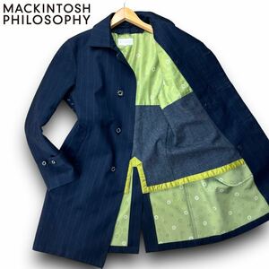 極美 MACKINTOSH PHILOSOPHY 【一流の騎士】 マッキントッシュ 脱着ライナー付き 総柄 ステンカラーコート ストライプ ネイビー 紺 38 M