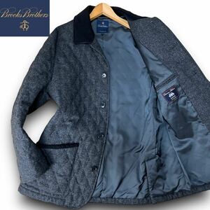 未使用級/XL相当●MOON生地 ブルックスブラザーズ BROOKS BROTHERS ダイヤモンドキルティングジャケット ツイードウール 中綿 グレー