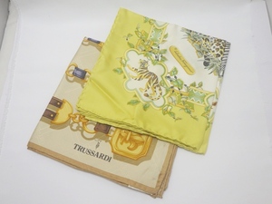 B23-2675【スカーフ2点セット】トラサルディ / フェラガモ シルク100% ベージュ イエロー 88×88cm TRUSSARDI SALVATORE FERRAGAMO