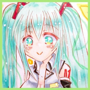 初音ミク　手描きイラスト　同人　コピック　ハガキサイズ　アナログ　着替え途中でちょっと身体メンテナンス☆　ボーカロイド　紐パンツ