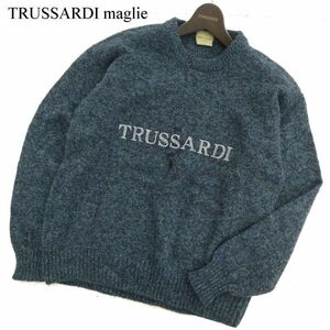 イタリア製★ TRUSSARDI maglieトラサルディ 秋冬 ロゴ刺繍 ウール100％★ ニット セーター Sz.M～L位　メンズ ネイビー　C3T10949_B#K