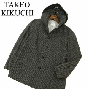 TAKEO KIKUCHI タケオキクチ メルトン ウール★ 千鳥柄 裏ストライプ フーディー ジャケット コート Sz.2　メンズ グレー　C3T11079_B#N