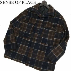 SENSE OF PLACE センスオブプレイス アーバンリサーチ プレミアム ウール混★ チェック CPO ジャケット Sz.M　メンズ 紺　C3T11621_C#N