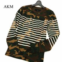 AKM エイケイエム K113 エクストラファイン メリノ ウール★ 迷彩 カモフラ ボーダー ニット セーター Sz.M　メンズ 日本製　C3T11654_C#K_画像1