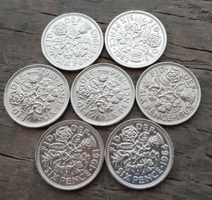 英国幸せのシックスペンス イギリス 7枚セットラッキー6ペンス コイン1961年~1967年本物古銭英国コイン 美品です19.5mm 2.8gram 6ペンス 