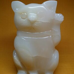ねこ　招き猫　石彫　1.9kg　置物　インテリア　工芸品　美術品　A3322