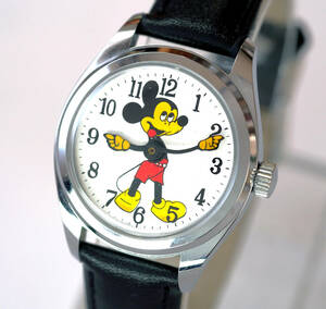 整備済 稼働 ミッキーマウス 機械式手巻き 腕時計 ベルト新品 スクリューバック メンズ 白文字盤 1970年代 ディズニー Disney Mickey Mouse