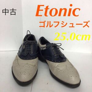 【売り切り!送料無料!】A-333 Etonic!ゴルフシューズ!革!スポーツ!ホワイト!ネイビー!白!紺色!中古