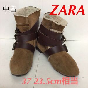 【売り切り!送料無料!】A-334 ZARA!ブーツ!ベルト付き!キャメル!茶色!37!23.5cm相当!おしゃれ!かわいい!中古