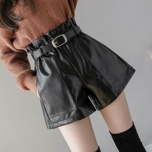 ショートパンツ フェイクレザー キュロット パンツ PUレザー 秋冬 韓国 M