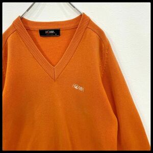 高級カシミヤ100%　HONMA　Vネック　ヴィンテージ　ロゴ刺繍　ニットセーター　オレンジ　メンズ　Mサイズ　本間ゴルフ
