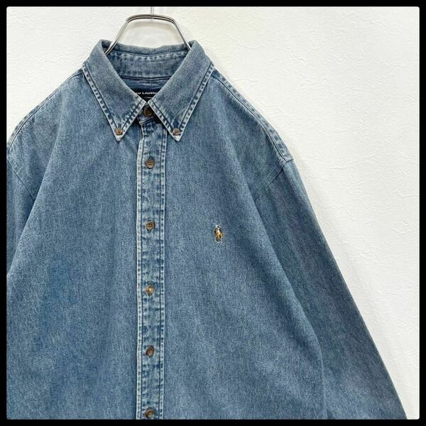 ラルフローレン　ヴィンテージ　カラーポニー　刺繍　長袖　デニムシャツ　ブルー　10=Mサイズ相当　Polo Ralph Lauren