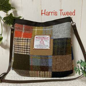 22日まで値下げ★Harris Tweed★ハリスツイード★ビッグタグ茶系★焦げ茶生地★パッチショルダーバッグ