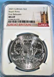 ★★ 最高鑑定 イギリス Royal Arms 2021年 2￡1oz.999銀貨 NGC MS69 First Releases ★★