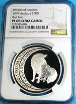 ★★ 超稀少(最高鑑定-世界でⅠ個) アンドラ 1997年 Wildlife - アカギツネ 10Dners 1oz .925銀貨 NGC PF69UCAM ★★_画像1