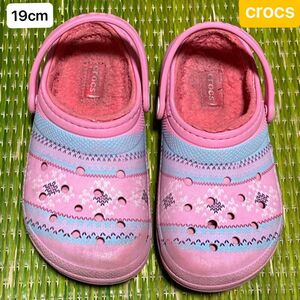 キッズ　19cm crocs クロックス クロッグ　冬ものサンダルシューズ　中ボア　ピンク ライナー　kidsgirls c13