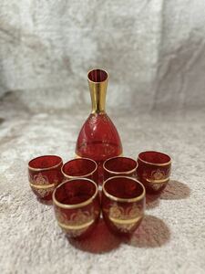 A01-3 ベネチアングラス アンティーク 酒器 食器 イタリア製 デキャンタ 赤 ガラス工芸 ボヘミア グラスセット