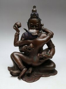 【青】113012古銅製　仏像置物　男女歓喜仏　古作　チベット伝来　仏教美術　23100706