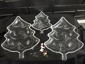 ｍ2806 未使用あり クリスマス食器まとめて Together JAPAN他 ガラス皿ツリー型 大2/小1 ピック（フォーク）6本 ガラス飾り インテリア