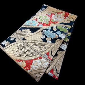 【ルネートル】帯 柄袋帯 黒 金 未仕立て 刺繍 結婚式 成人式 豪華 華やか 長さ 412cm 着物 和装小物 ★同梱可★ 1284