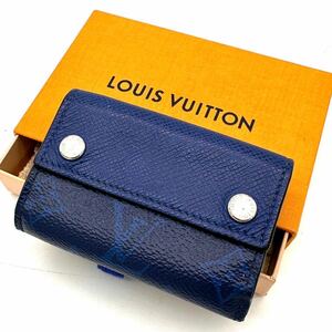 美品 LOUIS VUITTON ルイヴィトン モノグラムタイガラマ ディスカバリーコンパクトウォレット 三つ折り ミニ財布 メンズ コバルトブルー 青