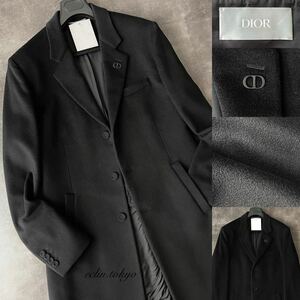 【E4057】未使用 2022AW DIOR MEN《最高級カシミヤ100%》極上の艶感毛！ダブルフェイス CDロゴ チェスター ロング コート 48 黒 ディオール